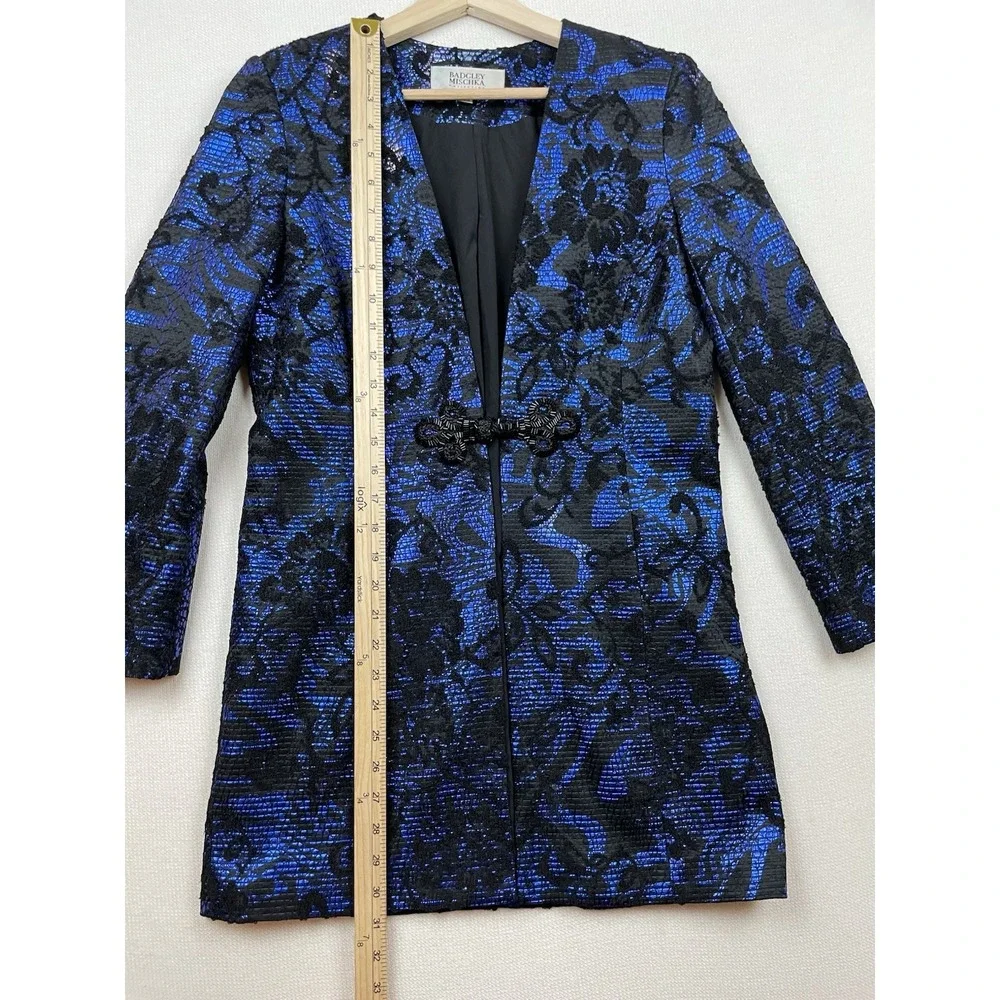 Badgley Mischka Collection Womens Black Blue Brocade Suit Jacket Small Old Money